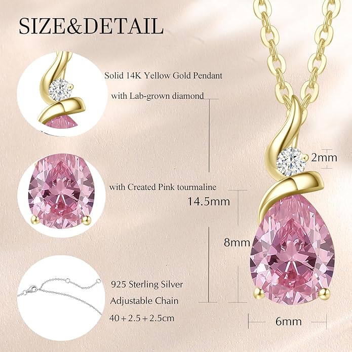 FANCIME 14K Solid Yellow Gold Birthstone Pendant Necklace for Women with Diamond Pear Shaped Teardrop Necklace Birthday Gifts for Mom Women Sterling Silver Chain 16" + 2" Extender