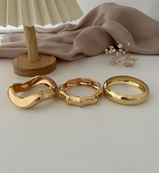 Chunky Gold Bangle Bracelets for Women, 14k Gold Plated Dainty Cuff Stackable Bangles Set, Trendy Bracelet Stack Fashion Jewelry Gifts