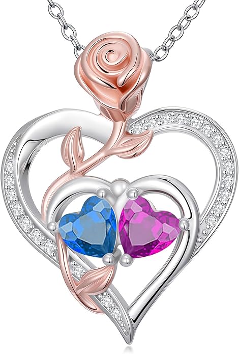 Rose Flower Heart Pendant for Women Birthday Gifts 18k Gold Plated Mother Daughter Necklace with 12 Months Birthstone Christmas Valentines Day Gifts for Her Mom Anniversarry Jewelry for Mom Wife Girlfriend