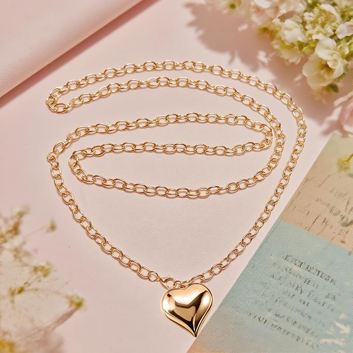 16k Gold Plated Chunky Statement Necklace for Women, Bold Thick Layered Puffy Heart Design, Long Gold Jewelry, Trendy Women's Fashion Necklace