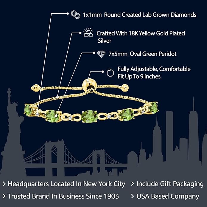 Gem Stone King 7X5MM Oval Cut Gemstone Birthstone and Accent Lab Grown Diamond Tennis Bracelet For Women In 18K Yellow Gold Plated Silver | Adjustable Bolo Bracelet For Women | Easy-On Easy-Off