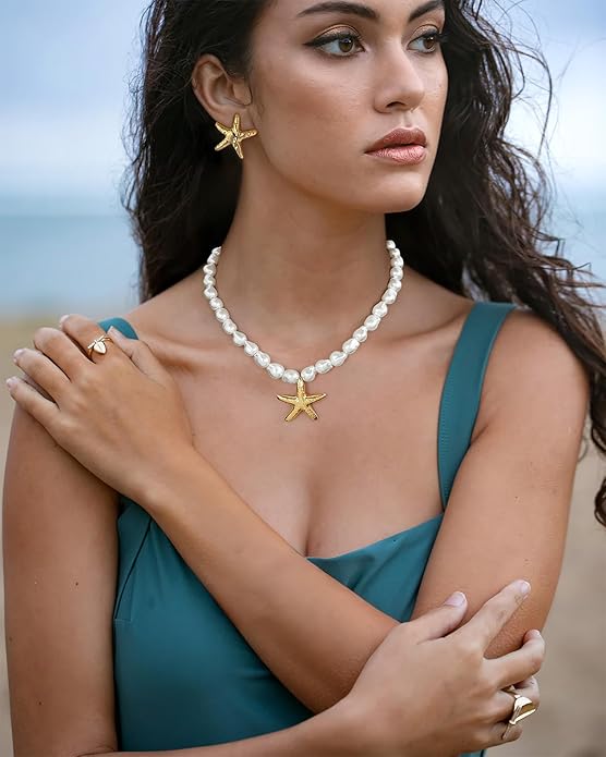 WOWORAMA Gold Necklace for Women Boho Spiral Conch Shell Necklace Starfish Necklace Vintage Ocean Sea Shell Choker Pendant Necklace Adjustable Summer Beach Jewelry