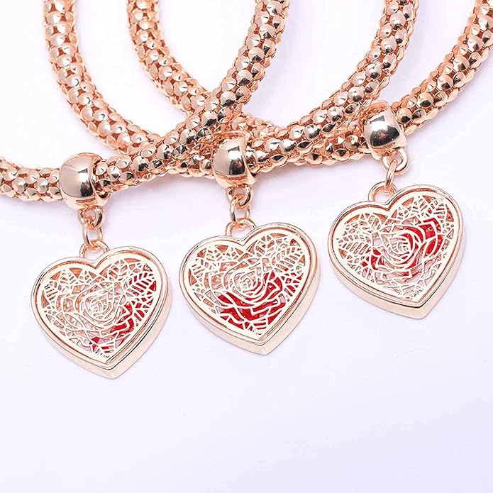 Crystal Charms Multilayer Bracelets - 3PCS Gold/Silver/Rose Gold Corn Chain Bracelet for Women, Tree of Life Heart Shaped Stretch Bracelet