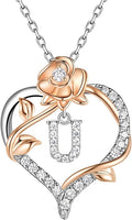 Valentines Day Gifts Rose Heart Letter Initial Necklace for Women, S925 Sterling Silver Pendant Necklace Adjustable Dainty Rose Flower Jewelry Gift for Her