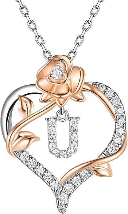 Valentines Day Gifts Rose Heart Letter Initial Necklace for Women, S925 Sterling Silver Pendant Necklace Adjustable Dainty Rose Flower Jewelry Gift for Her