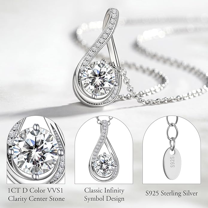NORBU Moissanite Necklace for Women, 1 CT D Color VVS1 Clarity Round Cut, 925 Sterling Silver Heart Necklace with 18K White Gold Plated, Jewelry Gift for Wedding Anniversary Birthday Christmas Valentine's Day