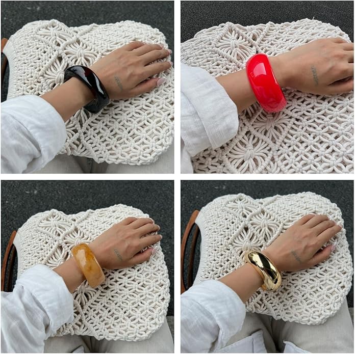 ALEXTINA Vintage Resin Bangle Set for Women – 4PCS Chunky Gold Acrylic Cuff Stack, Red Black Caramel Mix, Bold Summer Statement Bracelets Gift