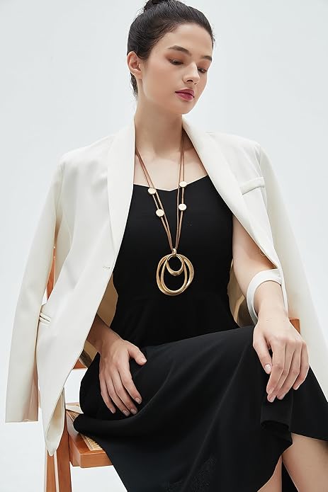 GelConnie Leather Necklace for Women Large Pendant Long Brown Necklace Circle Leather Choker Vintage Sweater Necklace Gold Chunky Boho Necklaces for Women