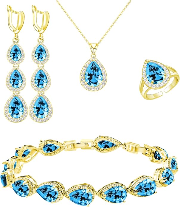 LMXXVJ Necklace Long Earrings Bracelet Set, White Gold Plated Created Blue Sapphire Jewelry Set Wedding Party Gift Jewelry for Women Bridal Bridesmaid