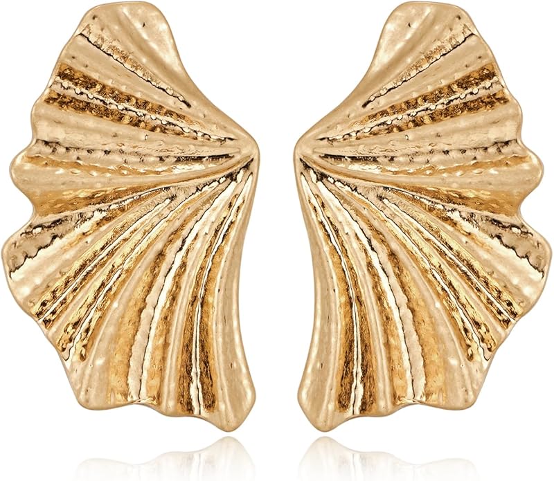 Chunky Gold Statement Earrings For Women Gold Plated Sectored Flower Leaf Shell Angel Wing Earrings Trendy Boho Jewelry For Women Large Stud Earrings Hypoallergenic Earrings