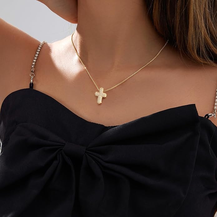 OGD Bubble Cross Necklace for Women 14k Gold Plated Cross Necklace Stackable Dainty Gold Necklace Mariner Chain Necklace CZ Cross Pendant Necklaces Set Simple Jewelry Gift