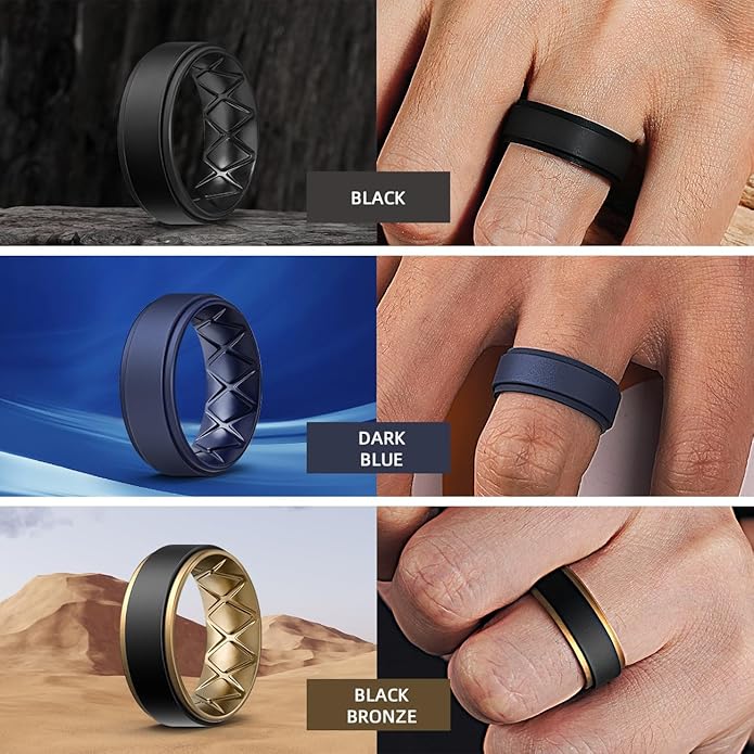 Egnaro Silicone Rings for Men 1/4/5/6/7 Multipack of Breathable Mens Silicone Rubber Wedding Rings Bands - Step Edge