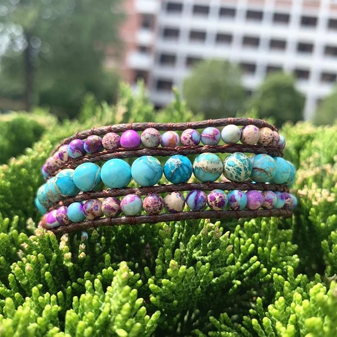 YGLINE Boho Handmade Natural Stone Bead 3 Row Wide Wrap Wrist Statment Bracelet Jewelry Collection