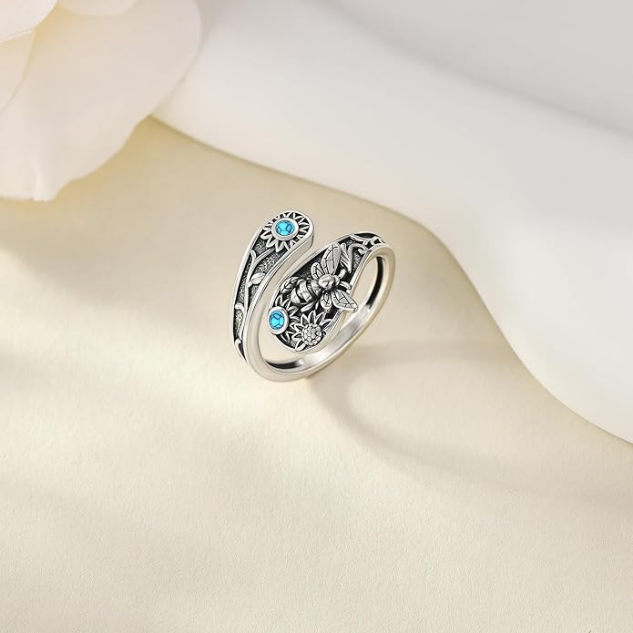 MONGAS Bee Ring Sterling Silver Created Turquoise Adjustable Spoon Ring Vintage Bee Jewelry Gifts for Women