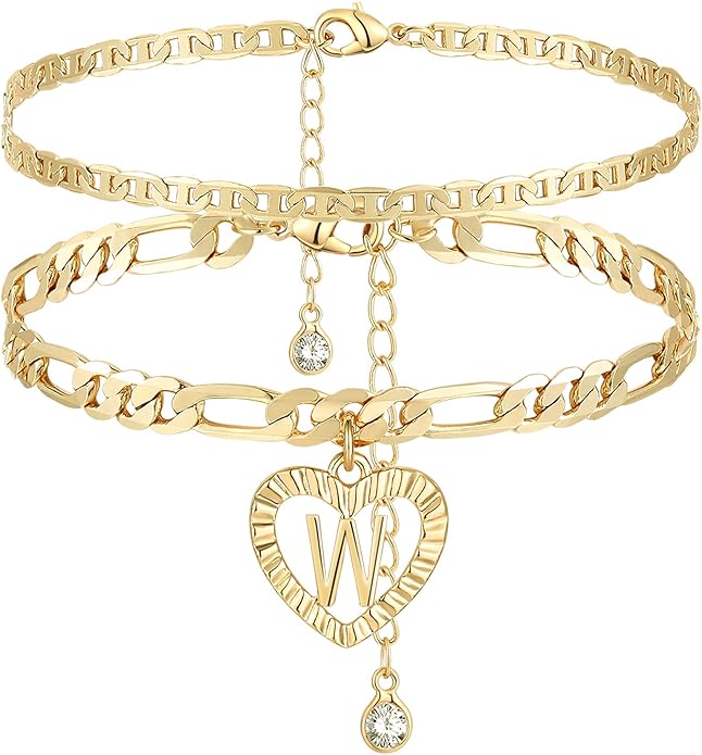 YANODA Initial Ankle Bracelets for Women 14K Gold Plated Layered Figaro Chain Letter Initial Anklets Handmade Layered Heart Ankle Bracelets Personalized Jewelry for Women
