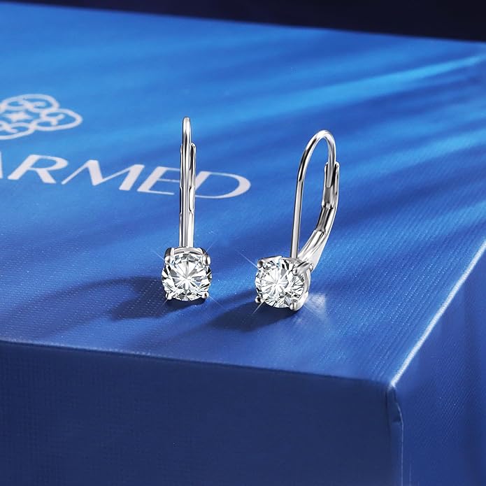 Moissanite Earrings, White Gold Plated Soild Sterling Silver Dangle Earrings 1.0ct-2.0ct D Color Brilliant Round Cut Lab Created Moissanite French Leverback Drop Earring for Women
