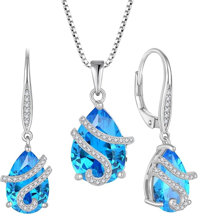 STARCHENIE 925 Sterling Silver Aquamarine Necklace Earrings for Women Pear Cut Birthstone Pendant Jewelry Set March Gift