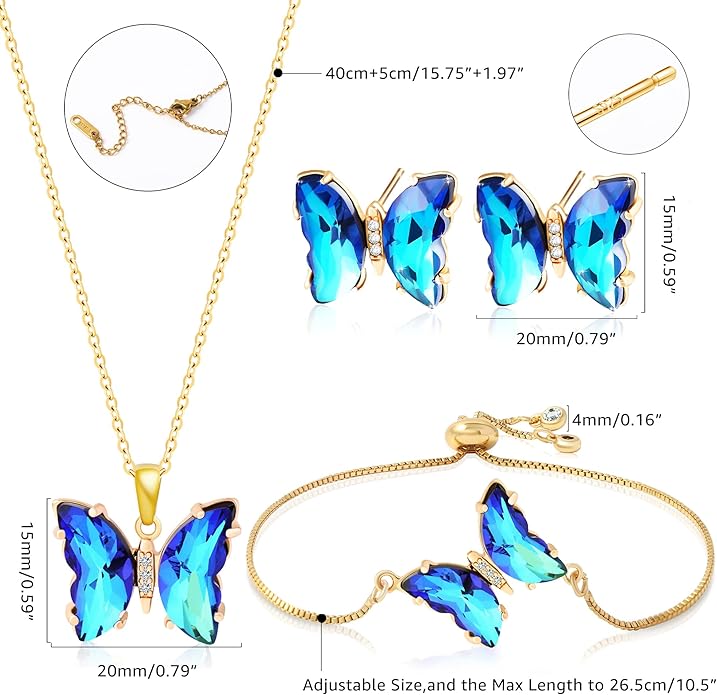 MISS RIGHT Butterfly Crystal Jewelry Set with Butterfly Necklace Stud Earrings Bolo Bracelet Adjustable Ring for Women Trendy, Iridescent Y2K Dainty Butterfly Jewelry Gifts