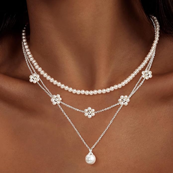 Zeffy Gold Pearl Necklace for Women, Dainty 14K Gold/Silve Plated Layered Pearl Choker Pearl Earrings Pearl Bracelets Wedding Trendy Gold Jewelry Set for Women Gifts