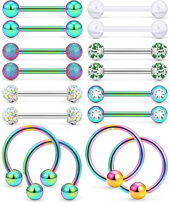 Ftovosyo 16Pcs Nipple Piercing Jewelry 14G Surgical Steel Nipple Rings Hoop Rings Retainer Piercing Jewelry for Women Men 14MM (9/16 Inch)