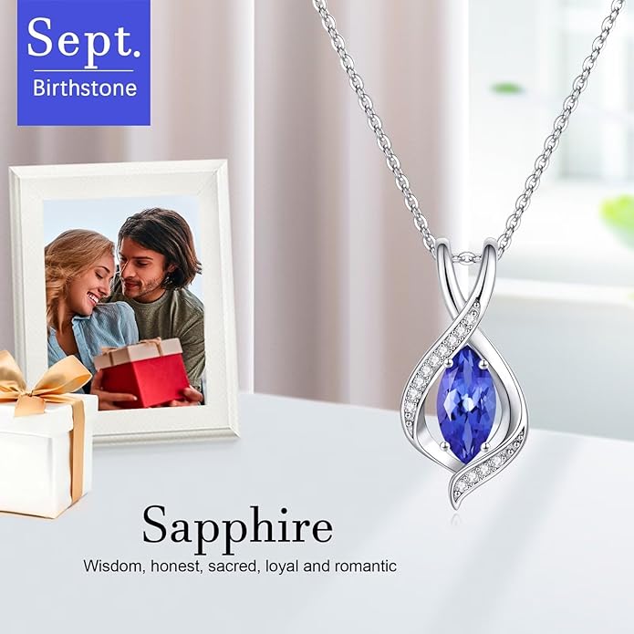 Iefil Valentines Day Gifts for Her, 925 Sterling Silver Marquise Birthstone Necklace Birthday Gifts Dainty Necklaces Birthstone Jewelry for Wife Daughter, 19"+2" Inches