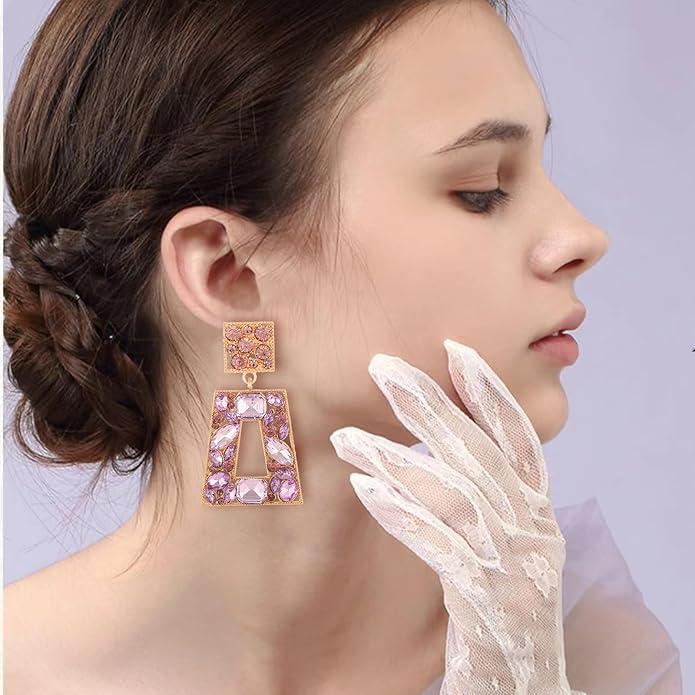 Rhinestone Rectangle Statement Earrings Colorful Crystal Geometric Drop Dangle Earrings for Women Prom Party