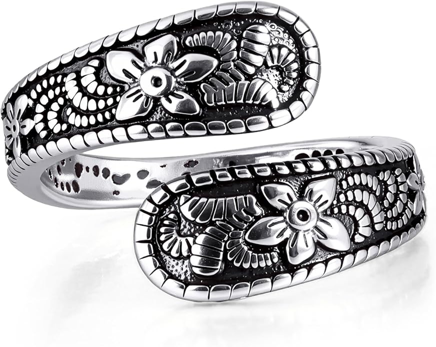 Vintage 14K Gold Plated and Silver Spoon Ring – Adjustable Ring with Carving Design for Women, Unique Boho Open Ring for Gift
