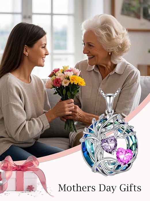 TOUPOP s925 Sterling Silver Family Celtic Tree of Life Pendant Necklaces with 2 Heart Birthstone with Blue Austrian Crystal Jewelry Birthday Valentines Day Gifts for Her, Anniversary Christmas Gifts for Wife Girlfriend Mom (18K Real White Gold Filled)