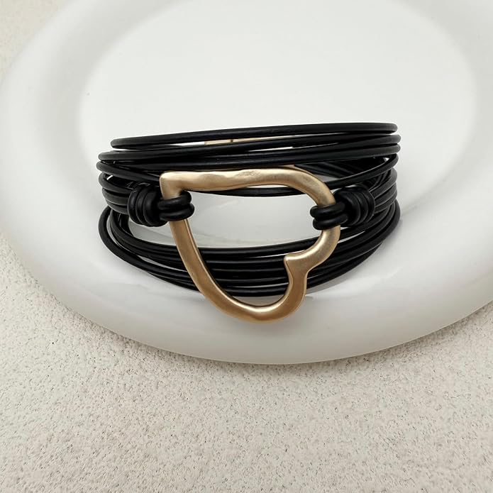 Leather Bracelet for Women Black Wrap Bangle Gold Infinity Bow-knot Bead Heart Bracelet Chunky Layered Bracelets for Women Trendy