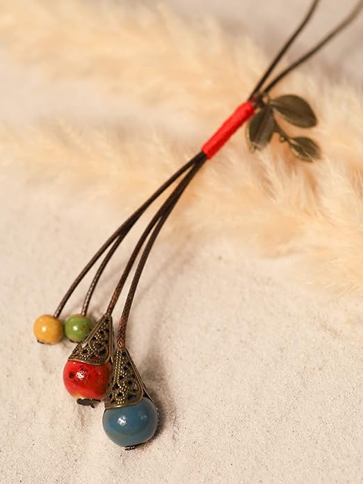 MINACHI Vintage Bohemian Leaf Charm Colorful Ceramic Bead Long Y Necklace, Boho Jewelry Gift for Women