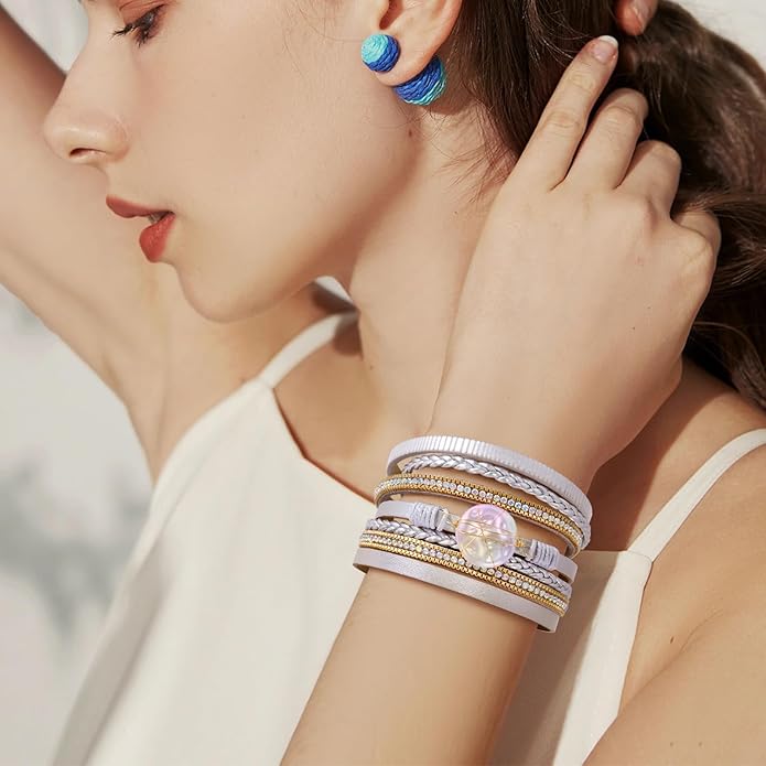 Wrapped Bracelets for Women,Leather Bracelet,Boho Bracelets for Women,Multi-Layer Pearl Crystal Bracelet Bangle Jewelry