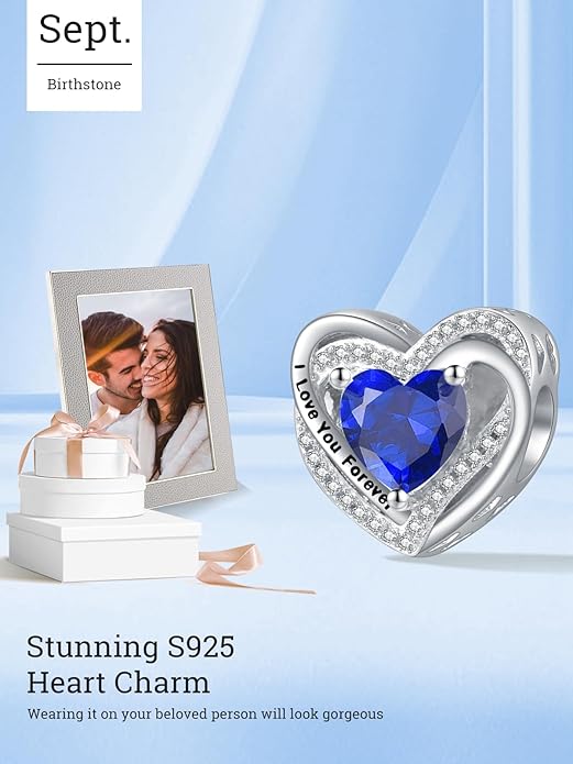 Heart Birthstone Charms for Bracelets, 925 Sterling Silver Women Bead Charms for Charm Bracelets Necklace, Mother's Day Birthday Anniversary Jewelry Gifts for Wife Mom Grandma Daughter