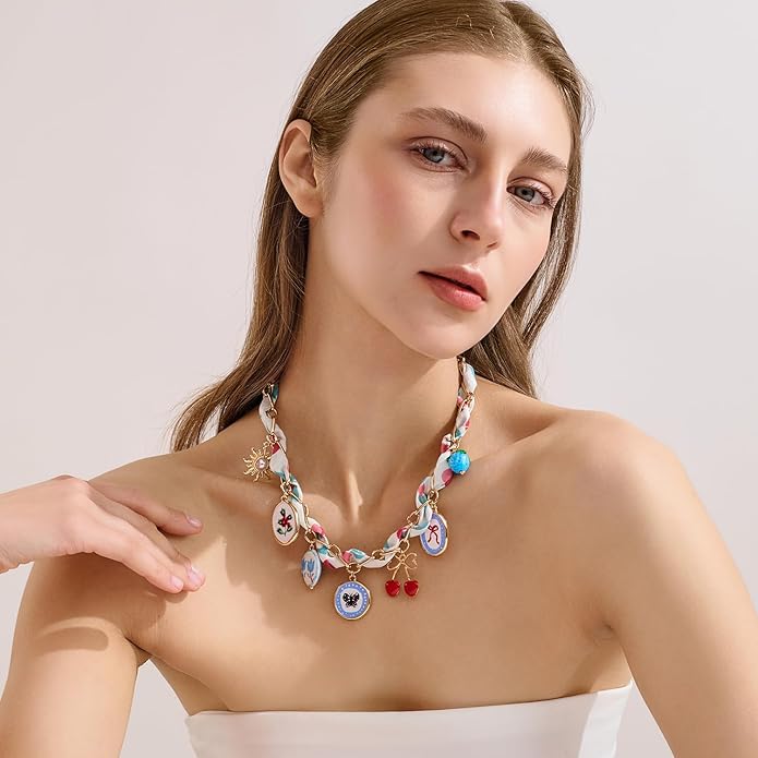 LILIE&WHITE Gold Charms Necklace for Women Bandana Necklace with Colorful Charms Necklaces Beach Jewelry Gift