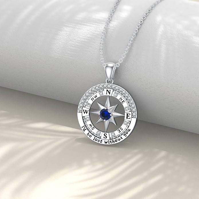 Compass Birthstone Necklace Gift for 2025 Graduation 925 Sterling Silver Compass ‘I'd be Lost Without You’ Pendant Necklaces Jewelry for Women Her Wife Gift for Birthday Anniversary