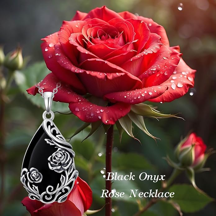 Black Onyx Necklace 925 Sterling Silver Flower Insect Pendant Teardrop Onyx Jewelry Valentines Day Birthday Gifts for Women