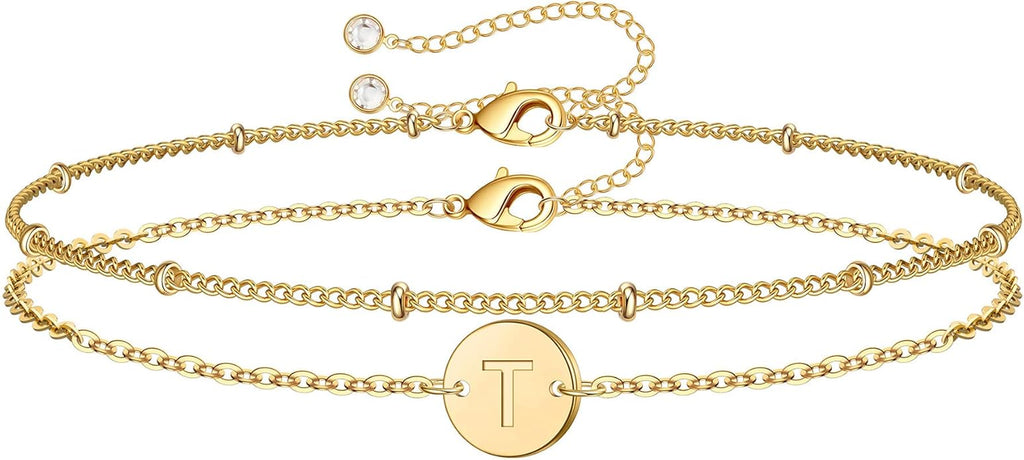 MONOZO Gold Initial Bracelets for Women Girls Valentines Day Gifts - Dainty 14K Gold Plated Layered Beaded Letter Initial Bracelet 26 Alphabet Disc Monogram Charm Bracelet Valentines Day Gifts for Her