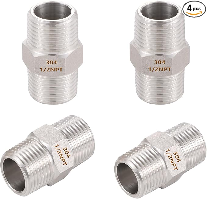 4PCS Hex Nipple 1/2" Male x 1/2" Male Pipe Fittings, 304 Stainless Steel 1/2 by SNUTUYA