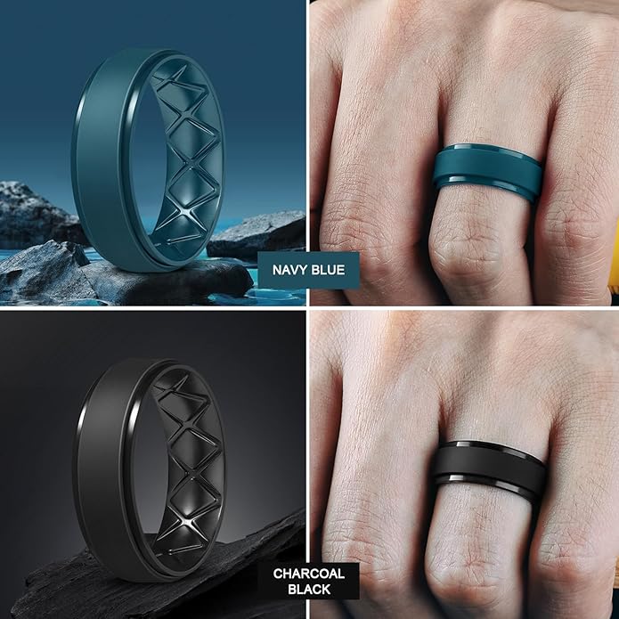 Egnaro Men's Rings 8.5mm Wide-2mm Thick Inner Arc Ergonomic Breathable Rubber Wedding bands-Hypoallergenic for Gym/Outdoor/Gift((1-7 Variety Pack with Half Size)