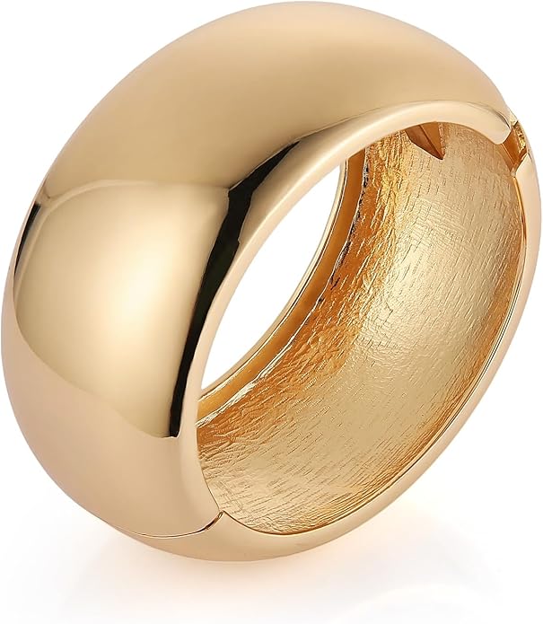 HZMAN 18K Gold Plated Wide Cuff Bracelet for Women - Premium Alloy Shiny Polished Double Layer Statement Bangle, Trendy Daily Wear Party Jewelry Accessory