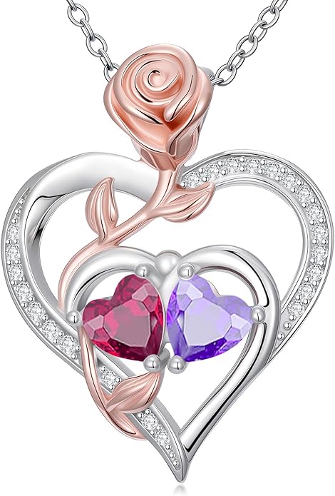 Rose Flower Heart Pendant for Women Birthday Gifts 18k Gold Plated Mother Daughter Necklace with 12 Months Birthstone Christmas Valentines Day Gifts for Her Mom Anniversarry Jewelry for Mom Wife Girlfriend