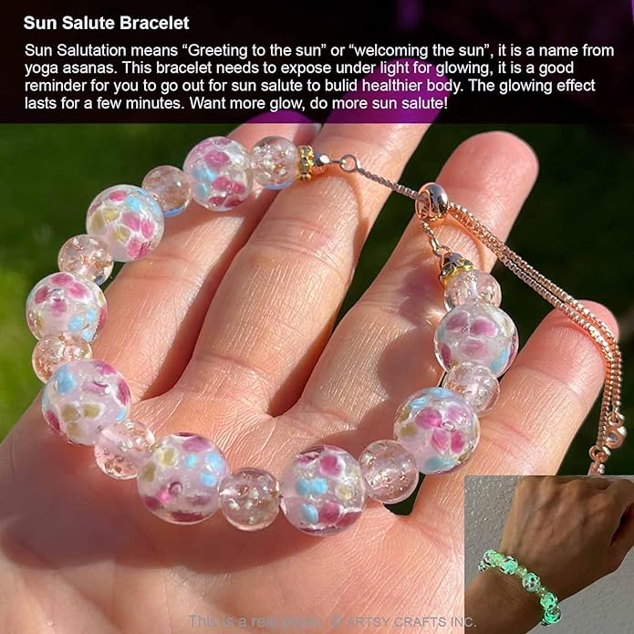ARTSY Crafts Lily Garden Glow in the Dark Firefly Bead Bracelets Necklaces, Handmade in USA Murano Glass Jewelry, Flower Luminous Beads Mermaid Crystal Bracelet Bangle