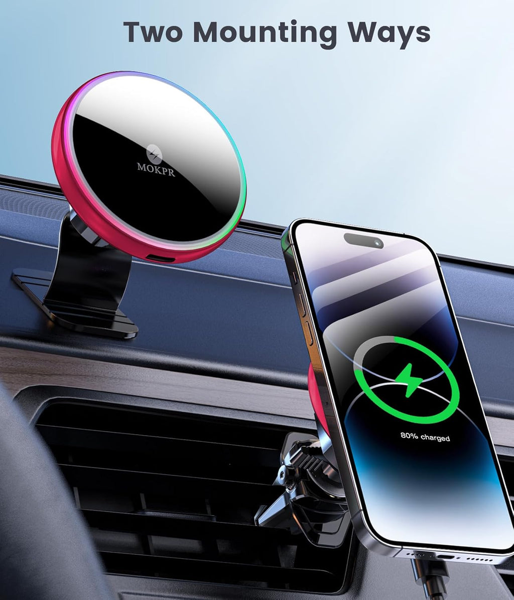 MOKPR for Magsafe Car Mount Charger-15W Wireless Car Charger-Magnetic Car Phone Holder for Dash Air Vent-LED RGB HandsFree Car Mount Fast Car Charger for iPhone 16 15/14/13/12 Series RED