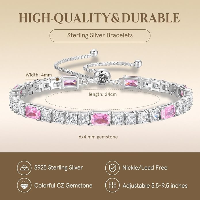 FANCIME Birthstone Bracelet for Women, Sterling Silver 4x6mm Gemstone Tennis Bracelet Bolo Adjustable Chain Fine Jewelry Birthday Gifts for Women Mom Wife Her