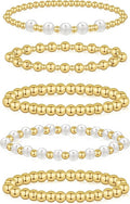 wgoud Gold Bracelets for Women - Trendy 14K Real Gold Plated Beaded Bracelet Set with Stretch Beads, Waterproof, Adjustable, Perfect Gifts