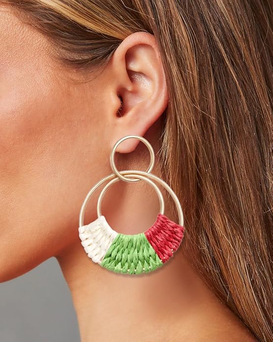 Raffia Hoop Earrings for Women Fun Boho Summer Beach Earrings Lightweight Handmade Straw Wicker Rattan Dangle Earrings Statement Geometric Round Drop Earrings