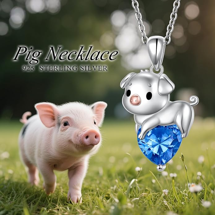 FLYOW Pig Necklace 925 Sterling Silver Cute Animal Necklace with Heart Blue CZ Piggy Pendant for Women Friend Pig Lovers Birthday Graduation Valentine's Day Anniversary Christmas Jewelry White/Blue