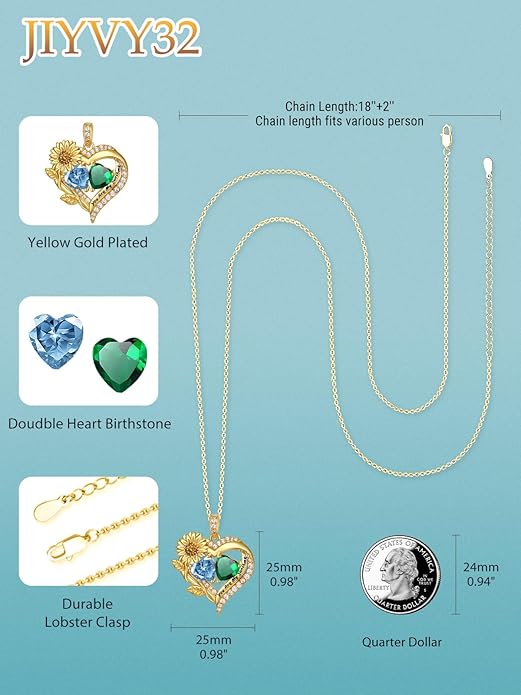 Sunflower Heart Necklace for Women 14K Gold Exquisite Valentines Day Anniversary Birthday Gifts for Wife Mother Her Double Birthstone Pendant Jewelry‘You Are My Sunshine’