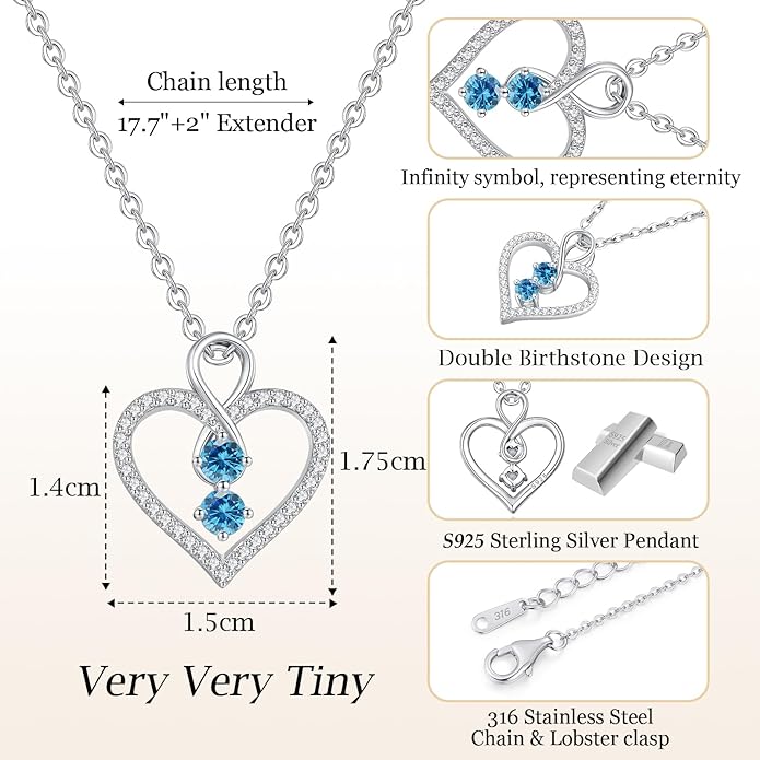 LOUISA SECRET Infinity Double Birthstone Necklace, 925 Sterling Silver Tiny Pendant Heart Necklace for Women Wife Her, Best Jewelry Gift Heart Jewelry Meaningful Gift for Valentine's Day, Christmas, Birthday Anniversary