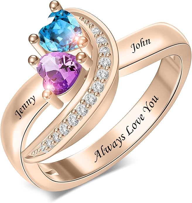 Personalized Heart Birthstone Rings for Women with 2 Birthstones Custom Name Rings for Couple Mother Daughter Jewelry Gift for Mother Her Christmas
