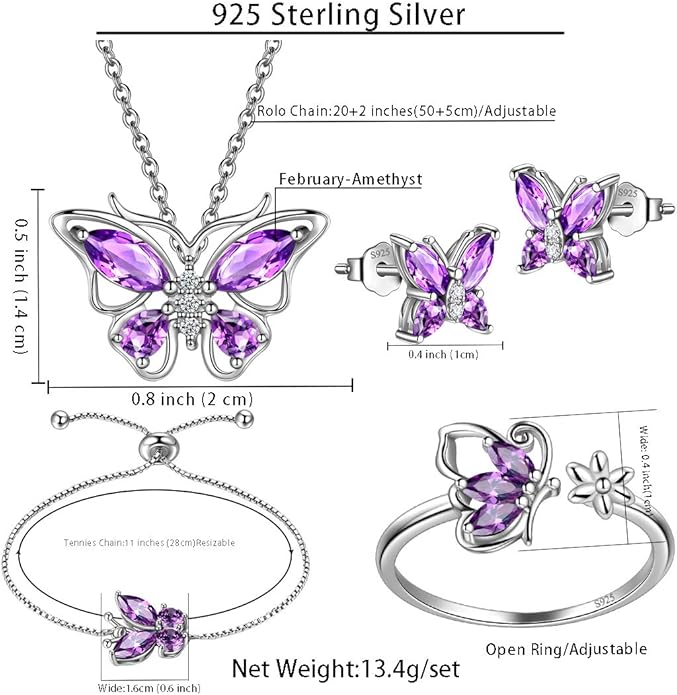 925 Sterling Silver Birthstone Butterfly Jewelry Women Crystal Animal Cute Butterflies Birthday Necklace/Earring/Ring/Bracelet Sets Birth Stone Statement Anniversary Jewellery
